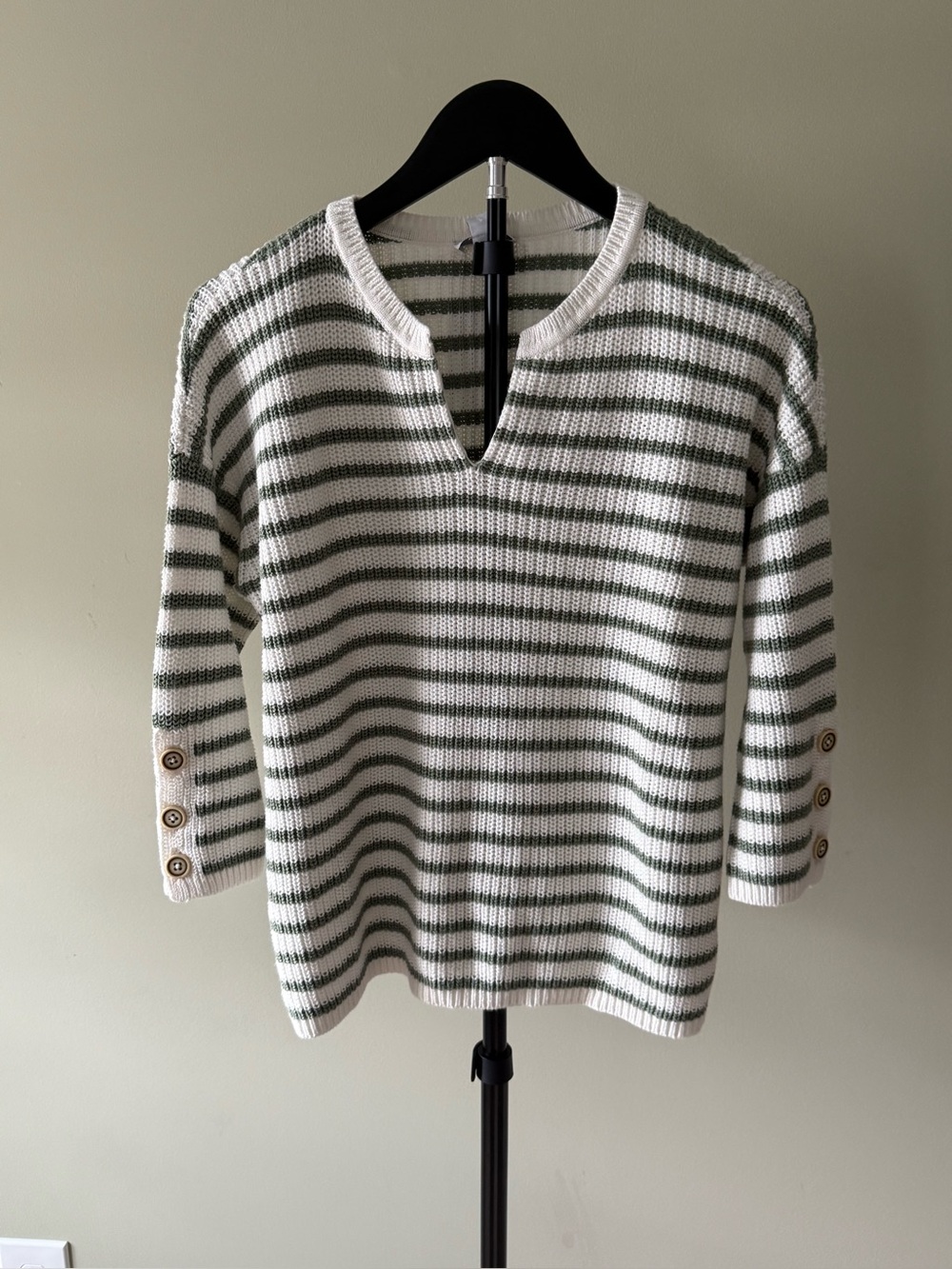 NWT J.Jill Striped Knit V-Neck Sweater in White and Willow Sage (21" P2P, 20" L)